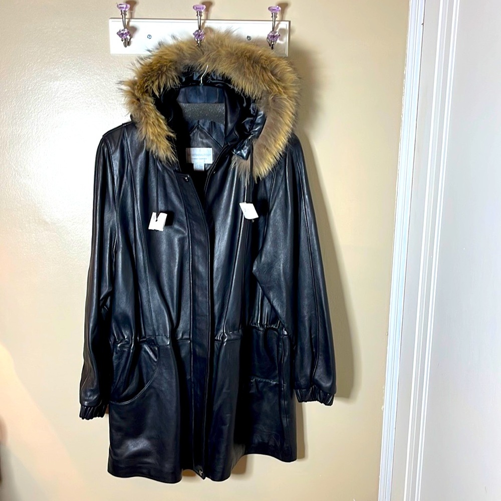 Worthington Genuine Lambskin Leather with Natural Racoon Strip Collar- Women XL